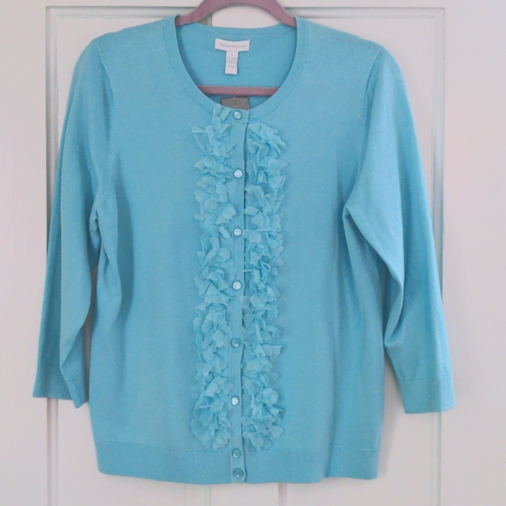 Aqua Cardigan with Ruffle Details - new with tags